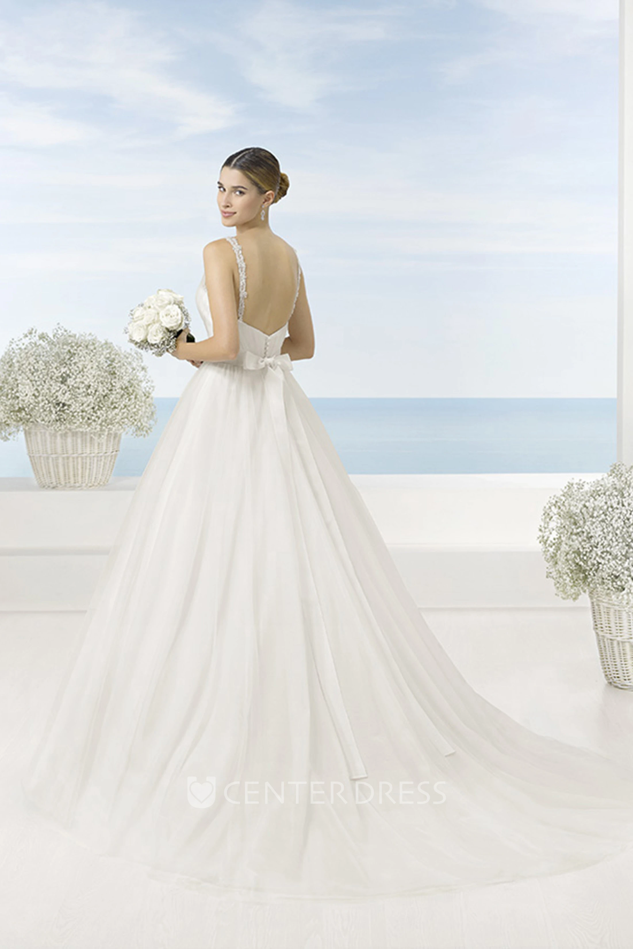 A-Line Beaded Sleeveless Long V-Neck Tulle Wedding Dress With Bow And Low-V Back