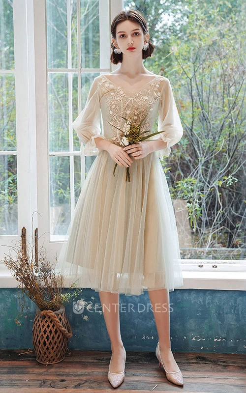 Casual Tulle Bateau Halter Off-the-shoulder A Line Cocktail Homecoming Dress With Appliques
