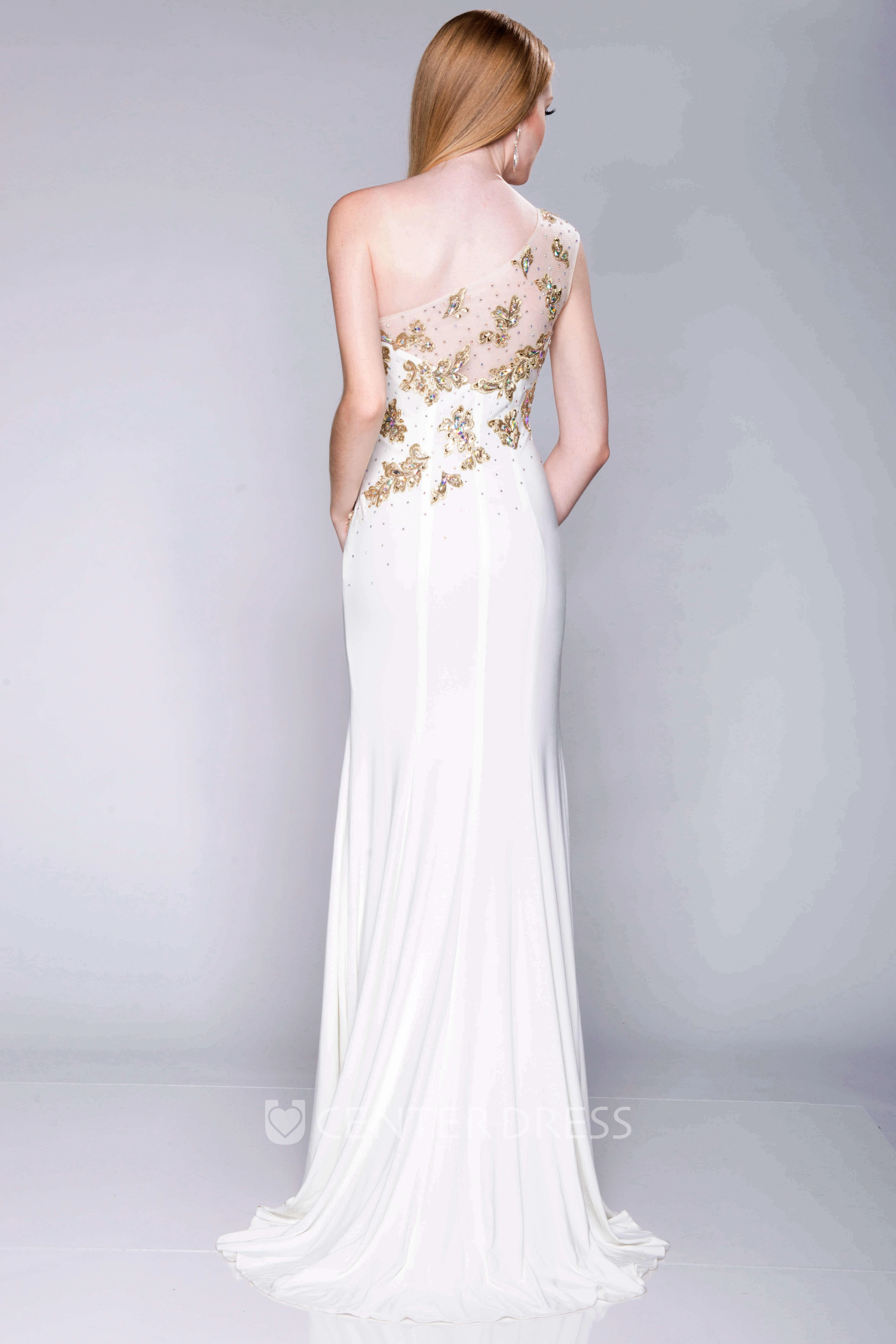 One-Shoulder Side Slit Jersey Column Prom Dress With Beaded Appliques