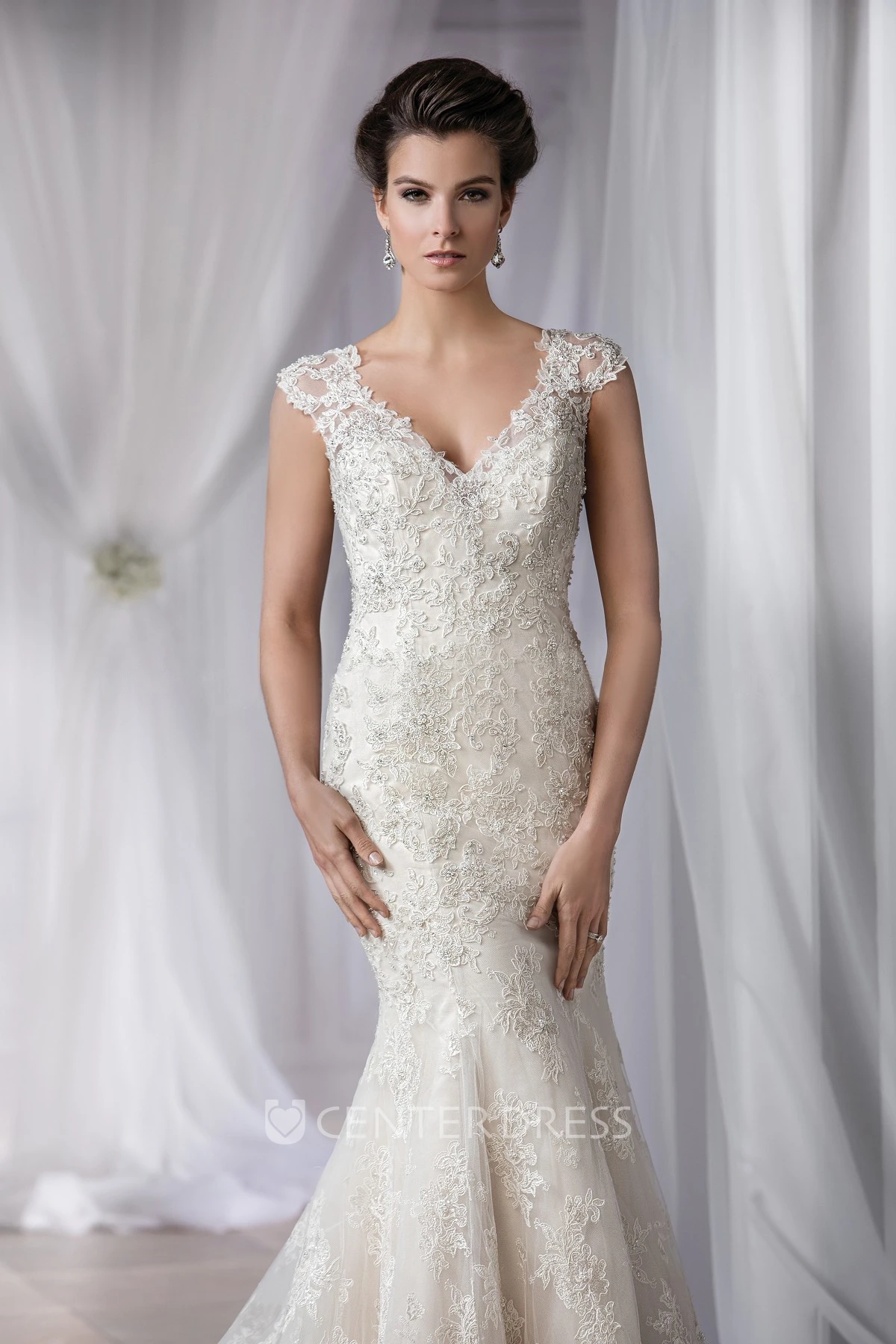 Cap-Sleeved V-Neck Mermaid Gown With Crystal Detail