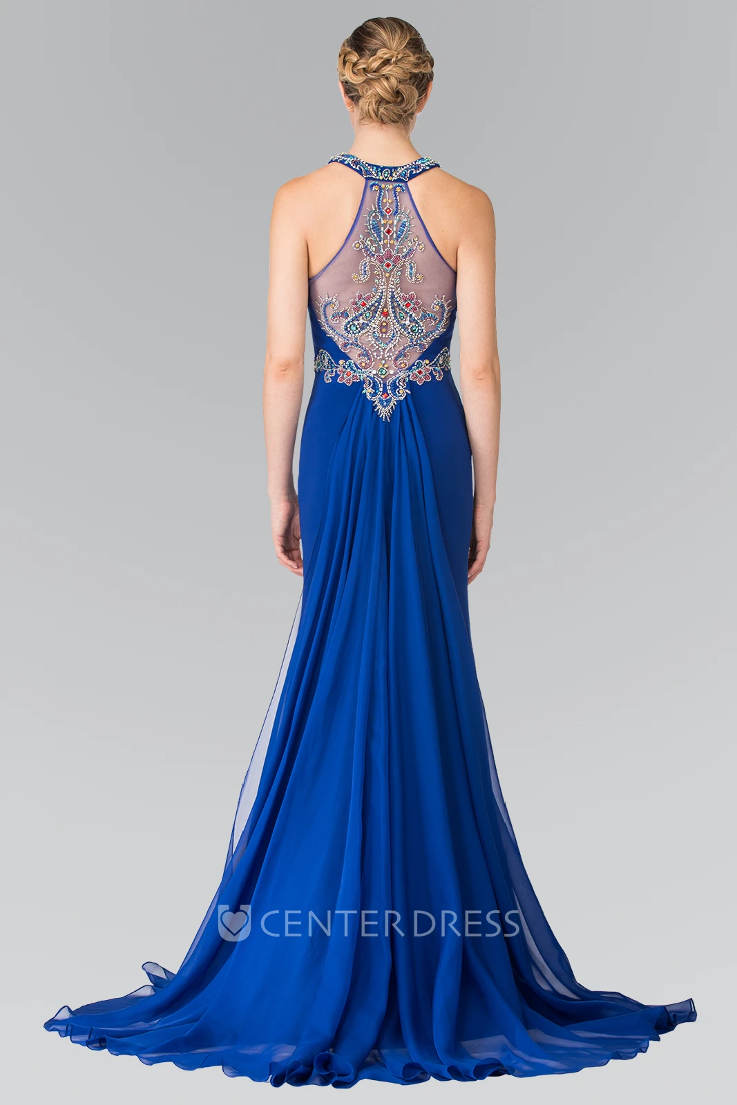 Sheath Maxi Jewel-Neck Sleeveless Jersey Watteau Train Dress With Beading And Pleats