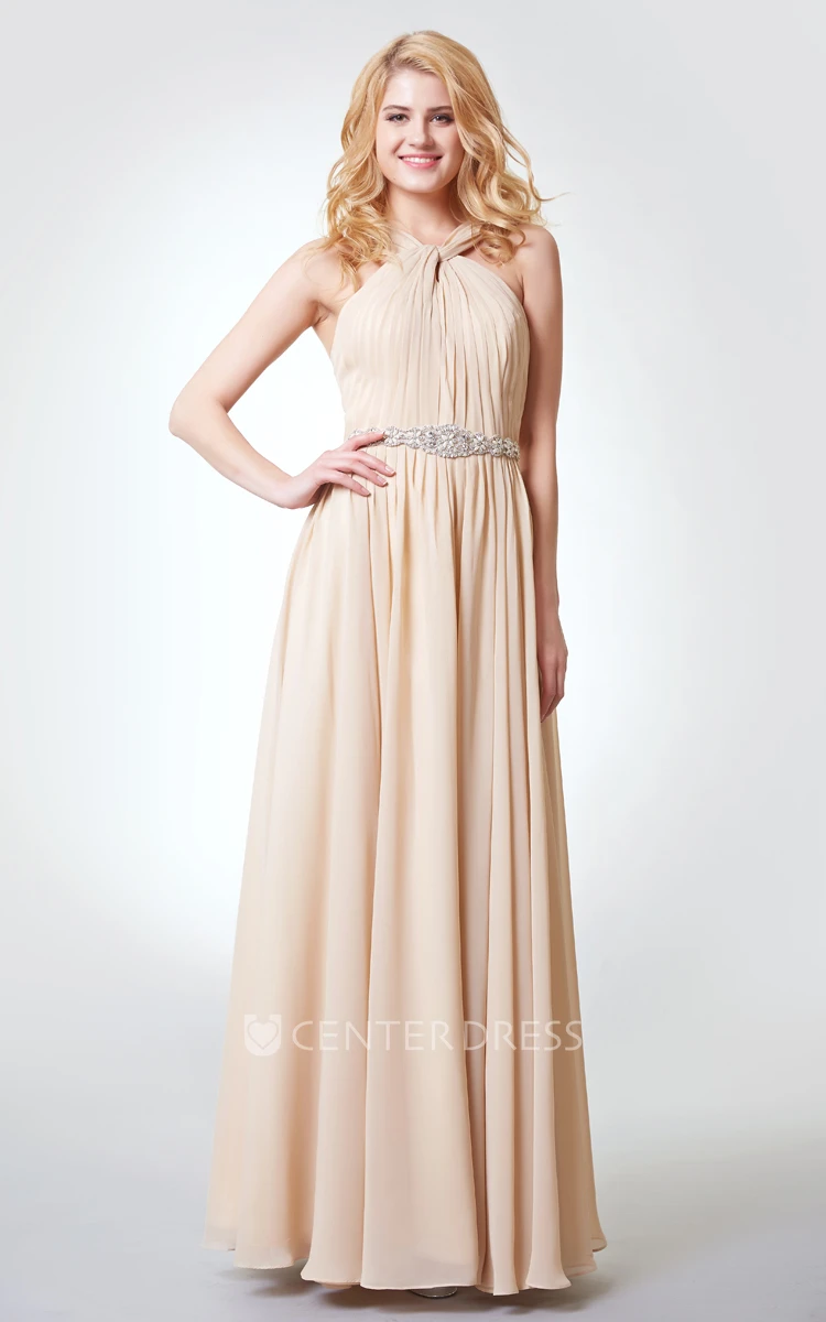 Sleeveless A-line Ruched Long Chiffon Dress With Pleats