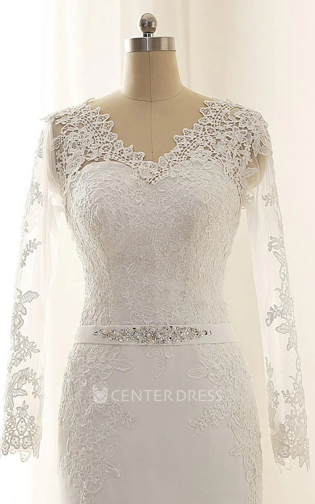 Maxi V-Neck Long Sleeve Beading Sweep Train Lace Satin Dress