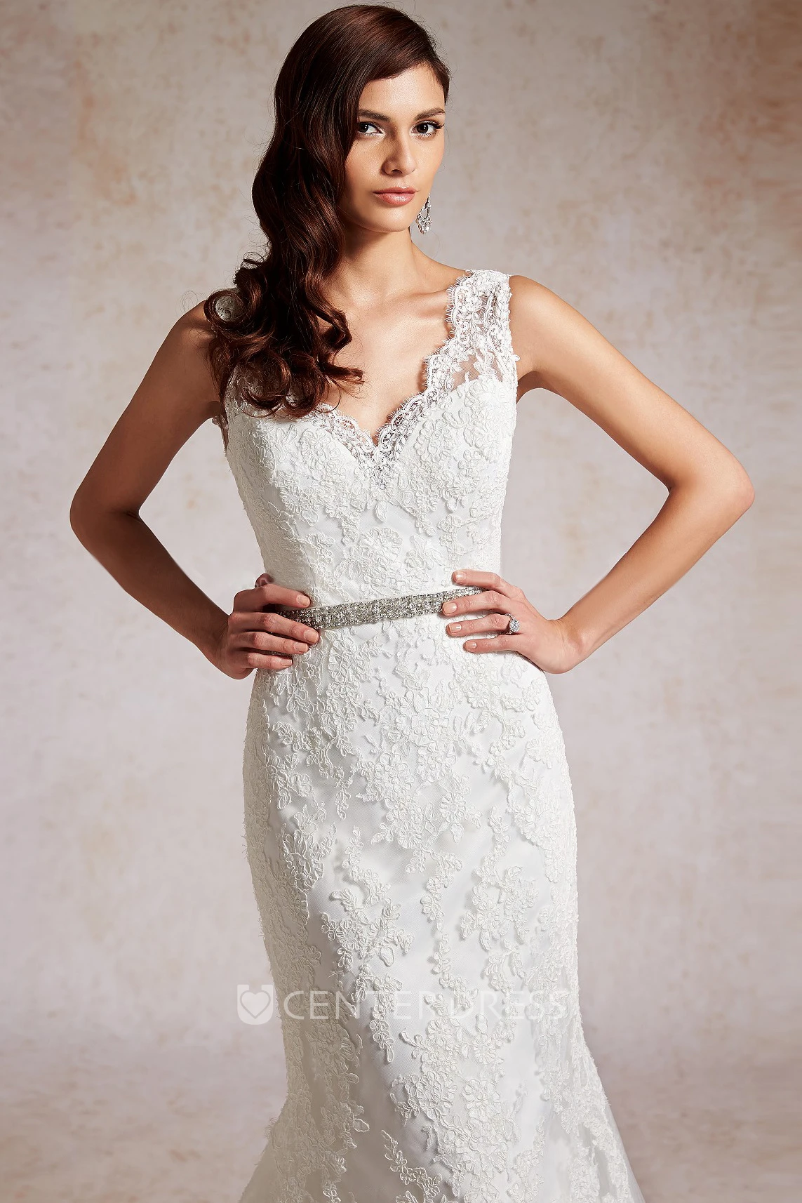 V-Neck Sleeveless Mermaid Wedding Dress With Sequins And Appliques