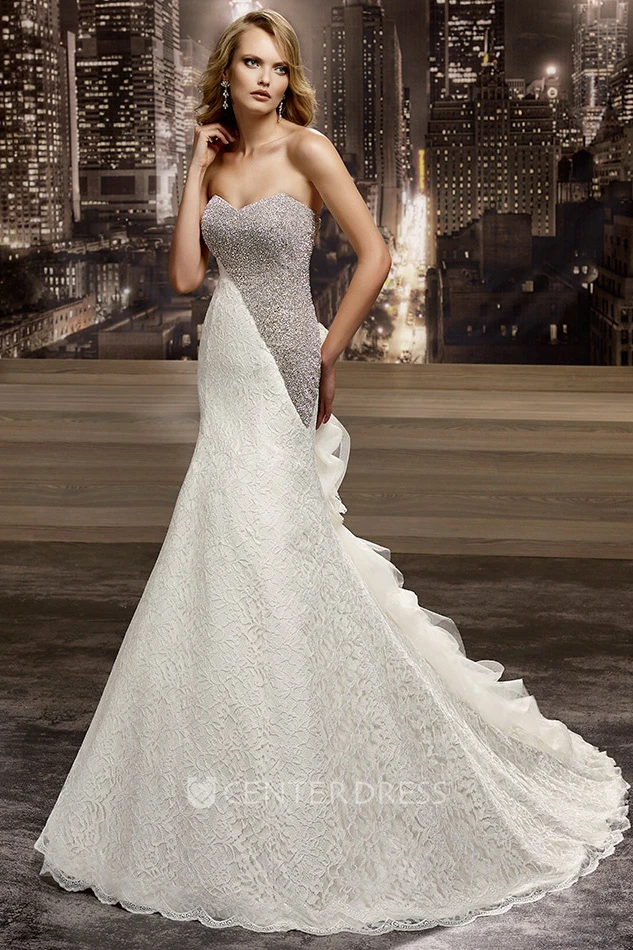 Sweetheart Half-Beaded Wedding Gown with Ruffles Train and Lace-up Back