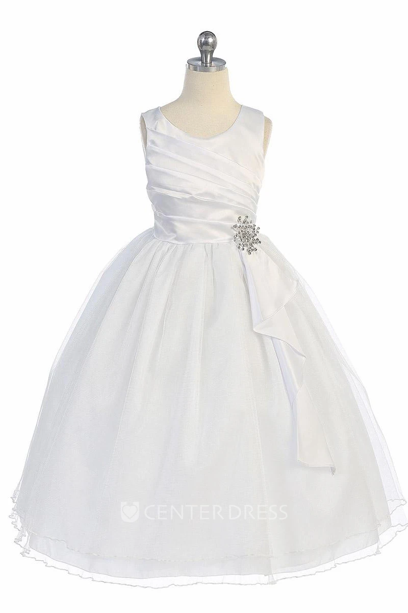 Broach Tea-Length Pleated Satin Flower Girl Dress With Ruffles