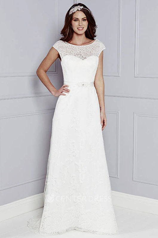 Floor-Length Cap-Sleeve Bowed Scoop-Neck Lace Warm Wedding Dress
