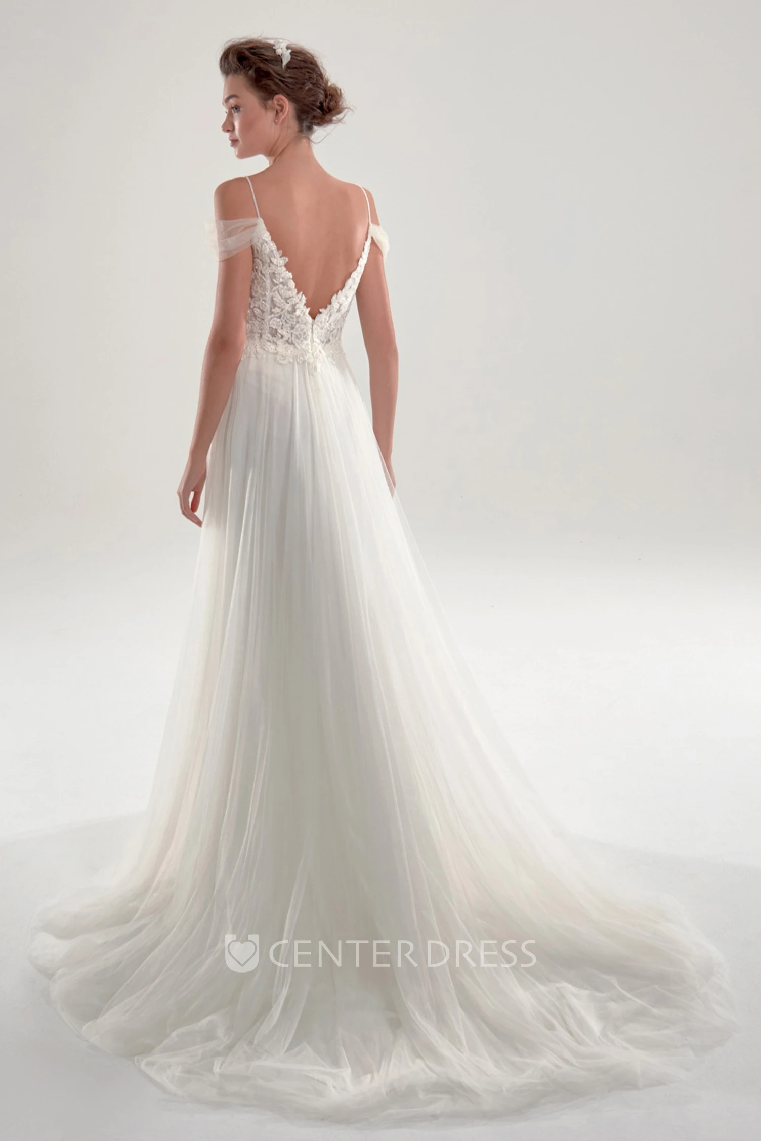 Ethereal Off The Shoulder Lace And Tulle Bridal Gown 