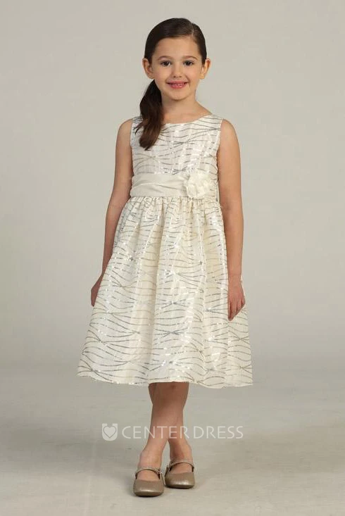 Tea-Length Sequins&Taffeta Flower Girl Dress
