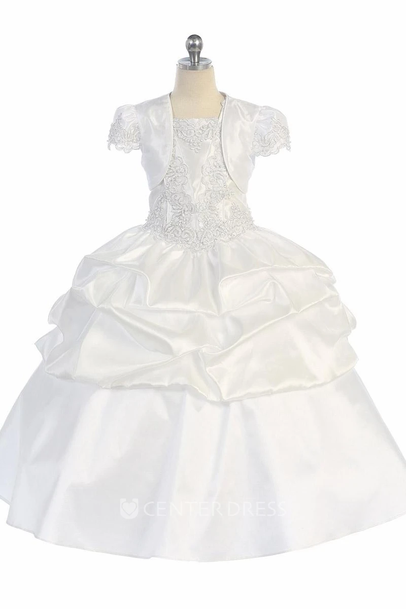 Knee-Length Appliqued Ruched Beaded Lace&Sequins Flower Girl Dress With Sequins