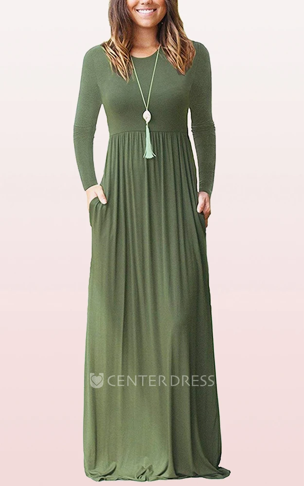 Casual A Line Jersey Long Sleeve Bateau Mother Dress With Pockets
