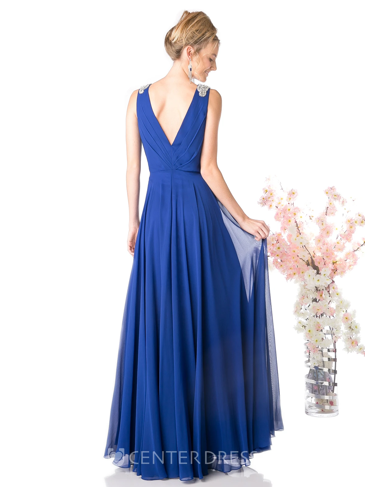 A-Line V-Neck Sleeveless Chiffon Low-V Back Dress With Waist Jewellery And Pleats