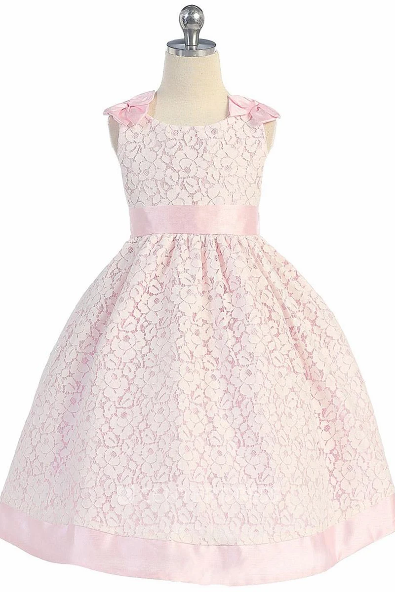 Tea-Length Bowed Floral Lace Flower Girl Dress With Sash