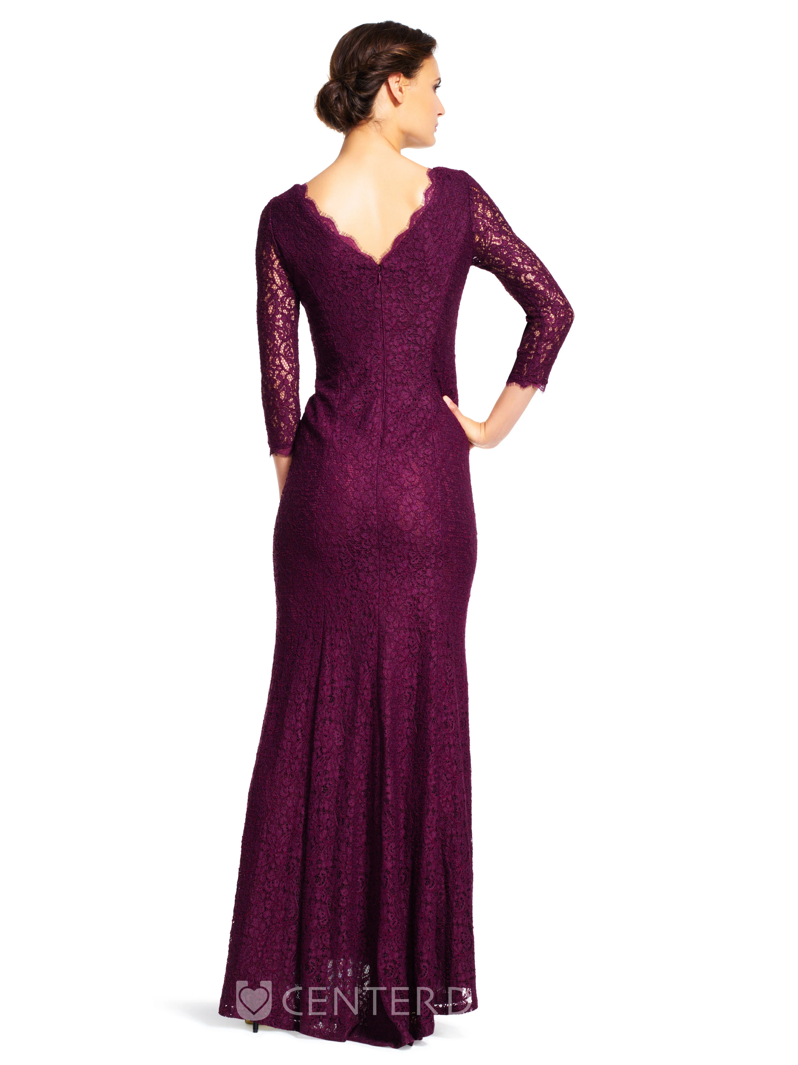 Sheath 3-4-Sleeve Maxi Scoop-Neck Lace Bridesmaid Dress With V Back