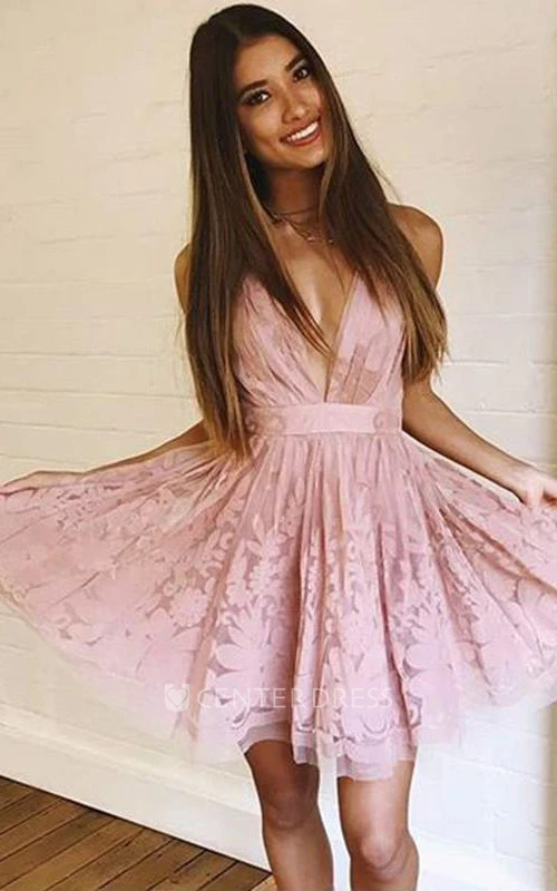Modern A Line Lace Plunging Neckline Sleeveless Homecoming Dress with Ruffles