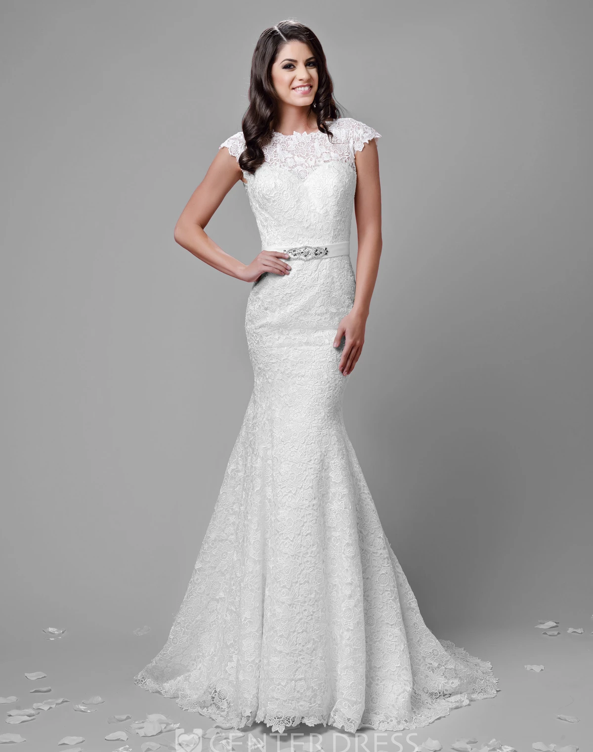 Cap Sleeve Mermaid Lace Wedding Dress With Deep V-Back
