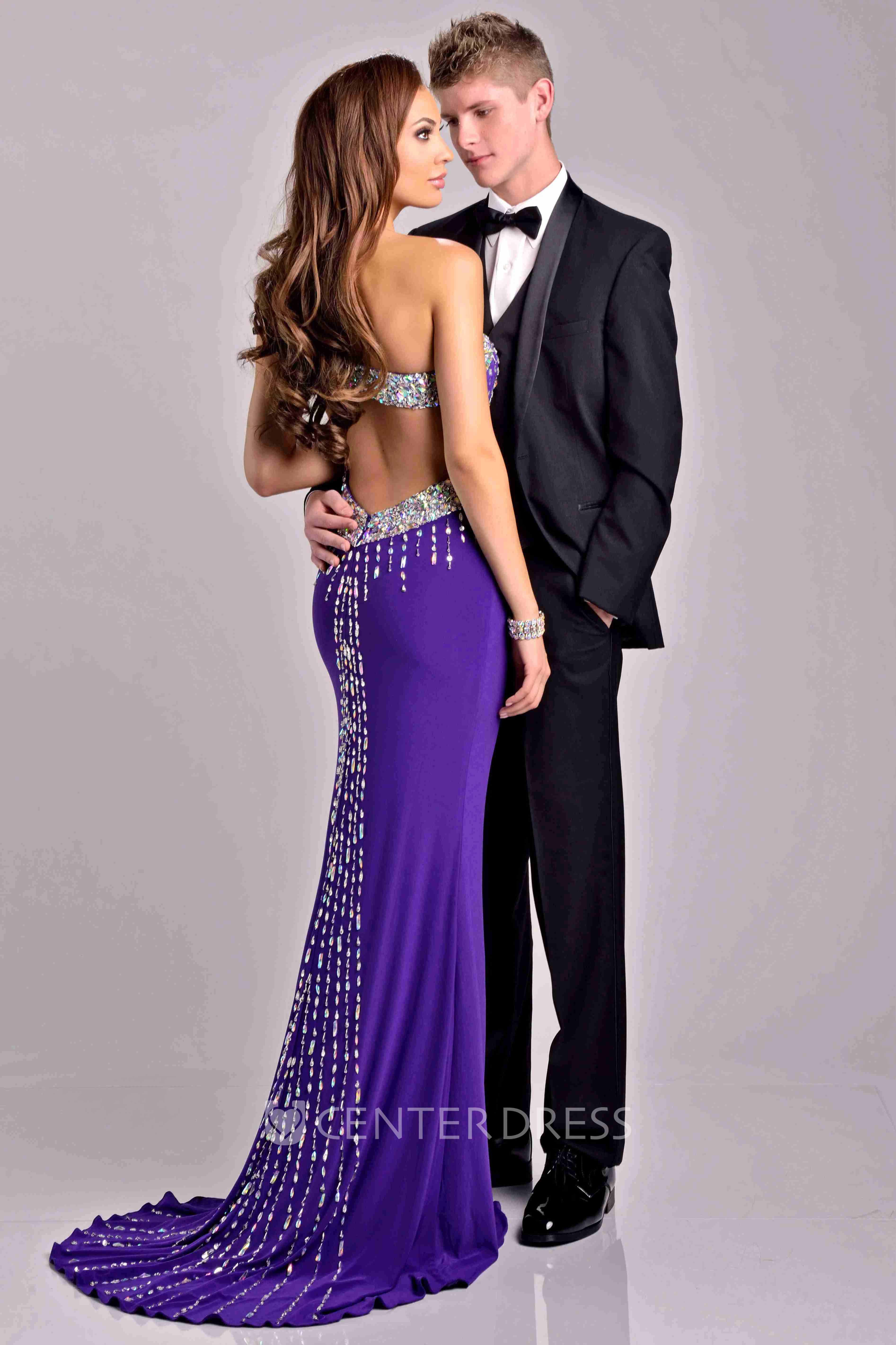 One-Shoulder Side Slit Jersey Sheath Prom Dress With Glittering Top