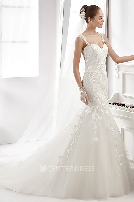 Sweetheart Sheath Mermaid Wedding Dress With Lace Appliques Straps And Illusive Details