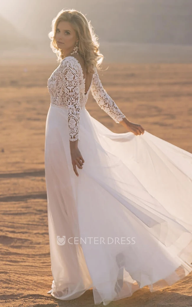 Illusion Back Chiffon Beach Spring Wedding Dress with A-Line and Bateau Neckline