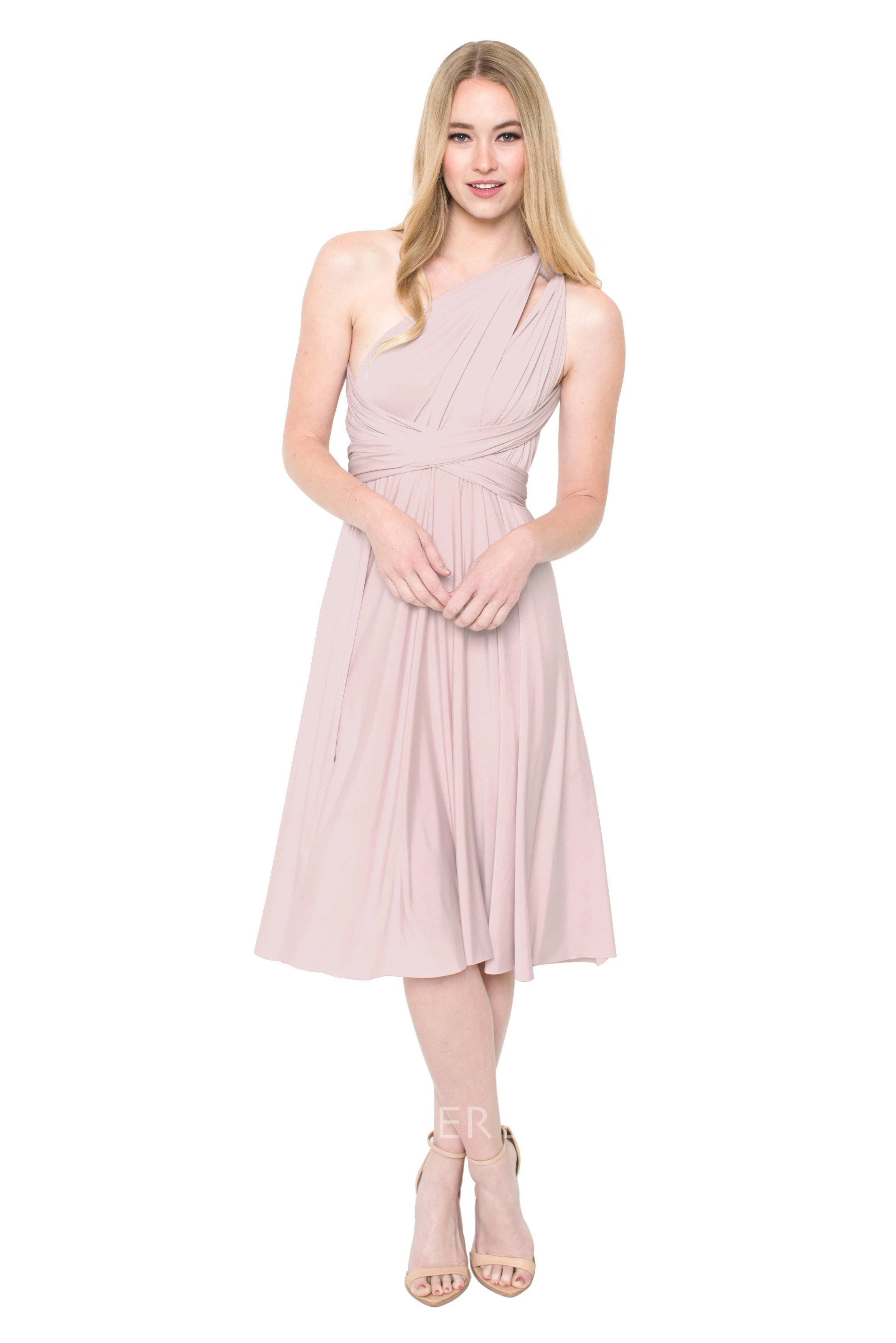 Tea-Length Sleeveless One-Shoulder Ruched Chiffon Muti-Color Convertible Bridesmaid Dress