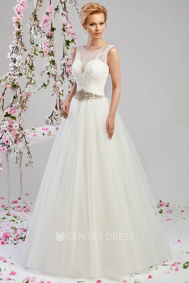 A-Line Scoop-Neck Floor-Length Sleeveless Appliqued Tulle&Satin Wedding Dress With Waist Jewellery