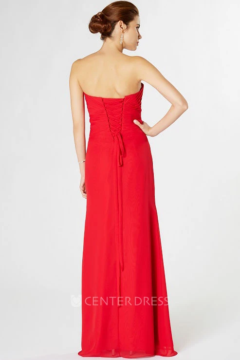 Sheath Strapless Ruched Chiffon Bridesmaid Dress With Flower And Draping