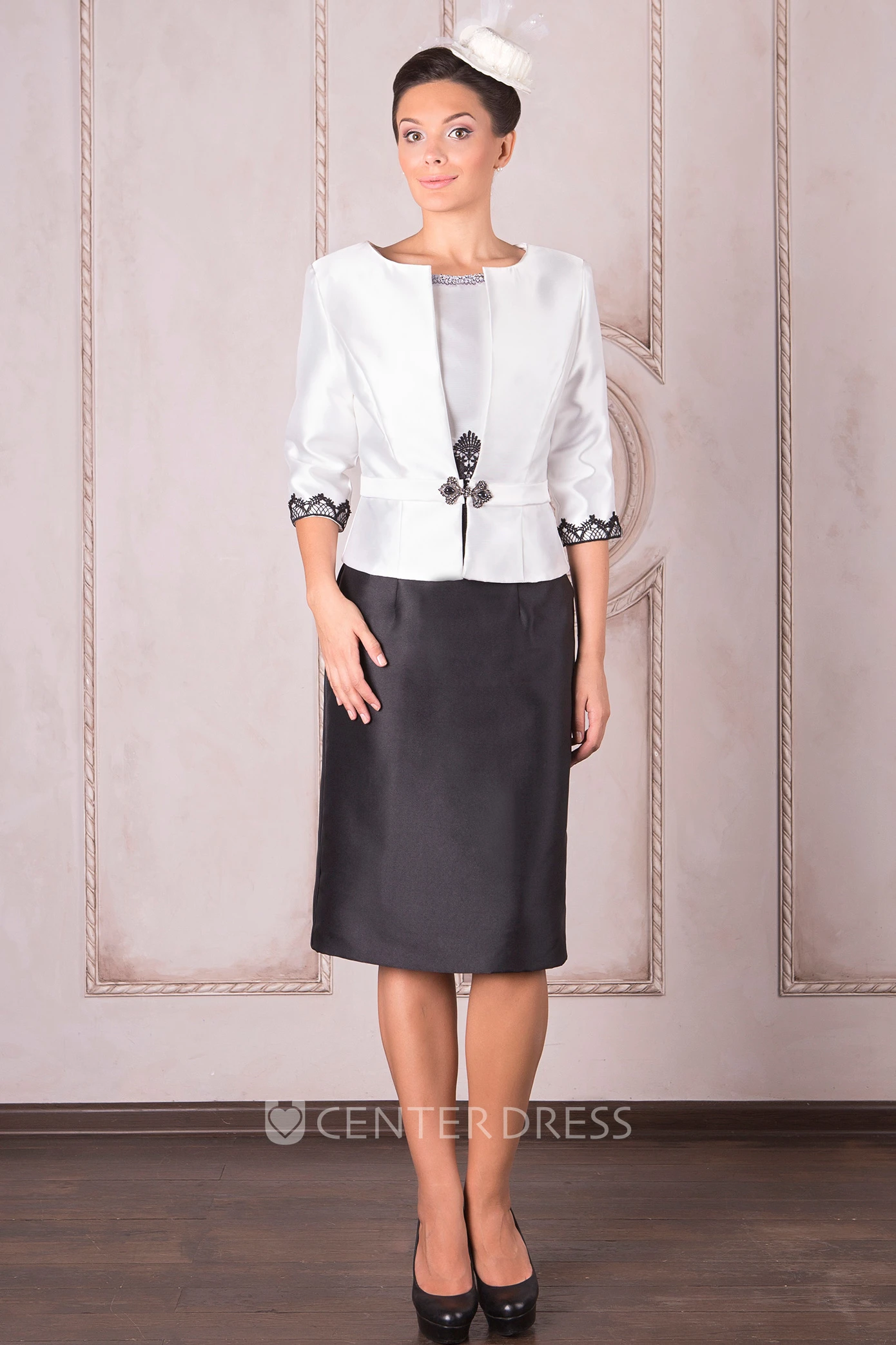 Pencil Knee-Length Appliqued Bateau Neck 3-4 Sleeve Satin Mother Of The Bride Dress