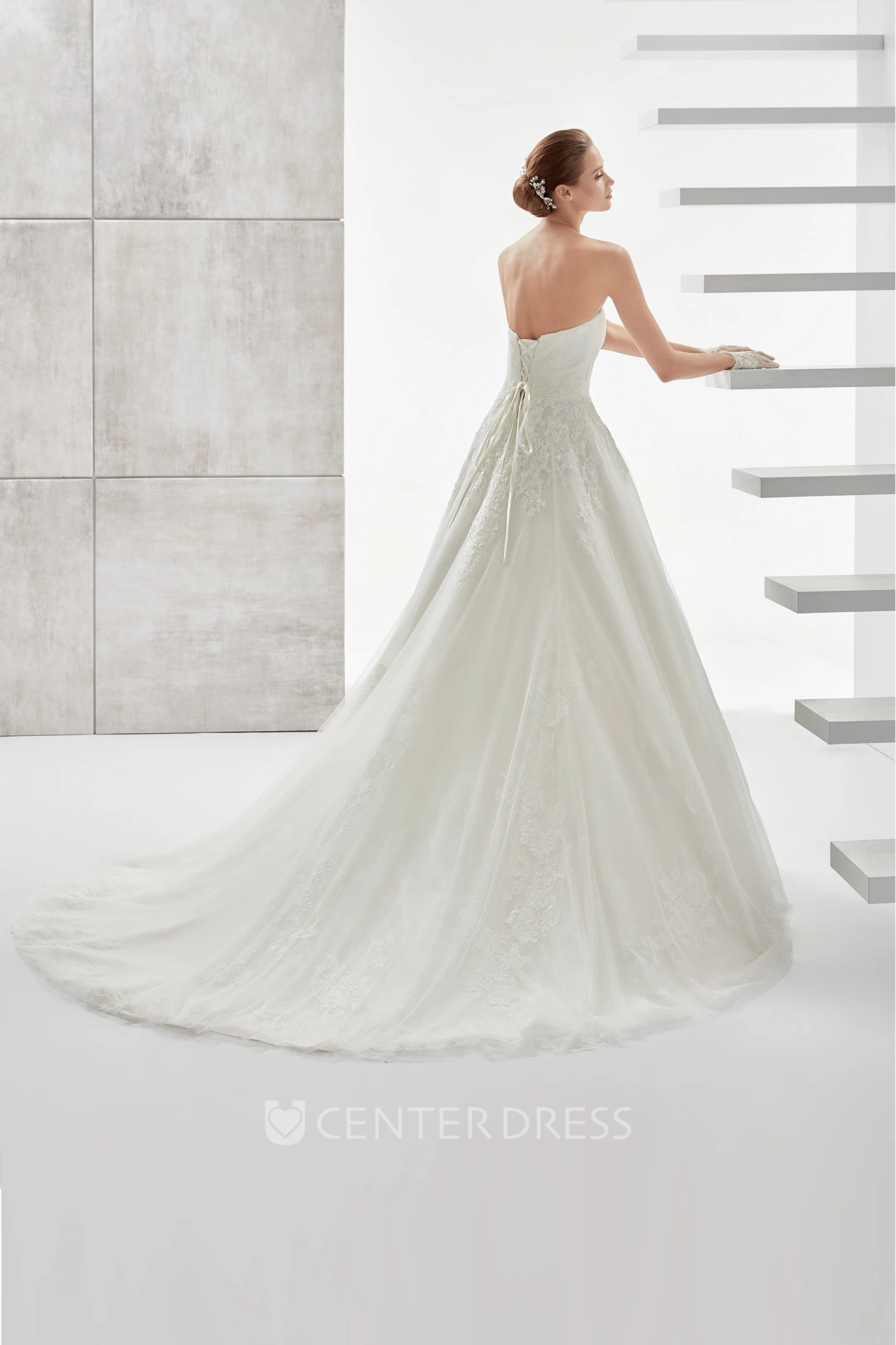 Strapless A-line Wedding Dress With Beaded Belt and Lace-up Back
