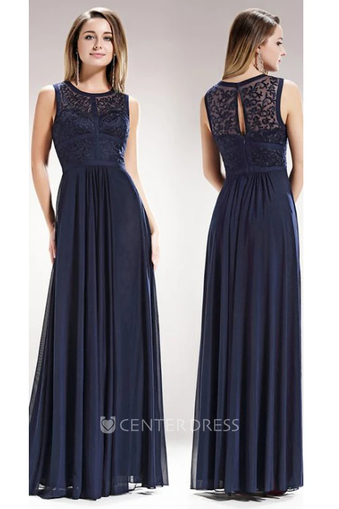 Sheath Scoop-Neck Sleeveless Chiffon Illusion Dress With Lace And Pleats