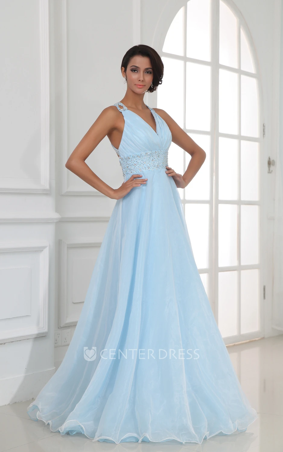 Halter Floor-Length V-Neck A-Line Gown With Sequined Waist