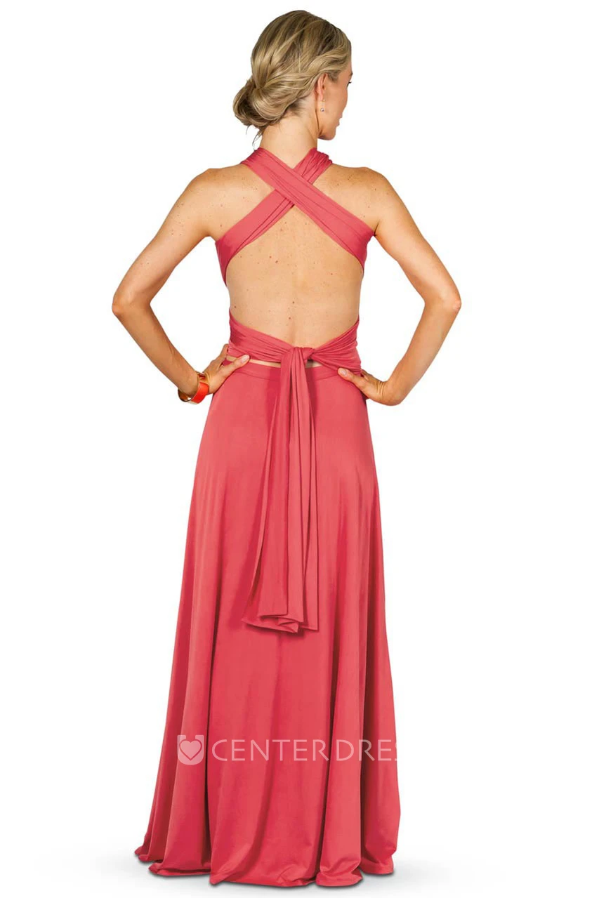 A-Line Pleated Sleeveless Floor-Length V-Neck Chiffon Convertible Bridesmaid Dress With Bow
