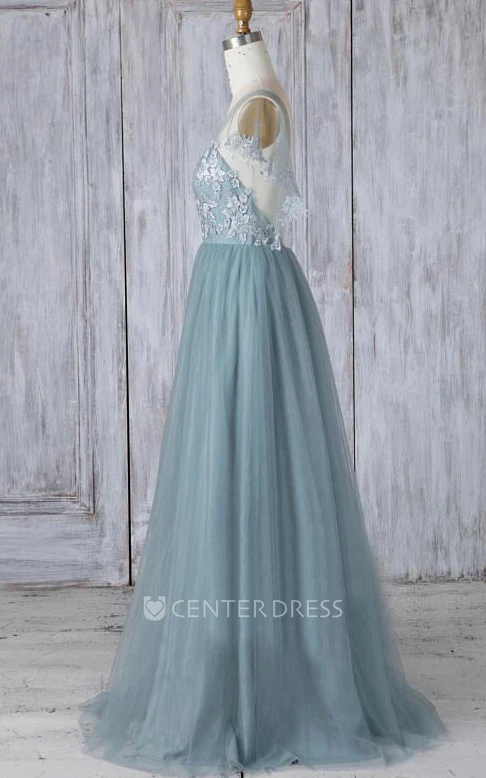 Scoop Tulle Short Sleeve Floor-length A Line Formal Dress with Appliques