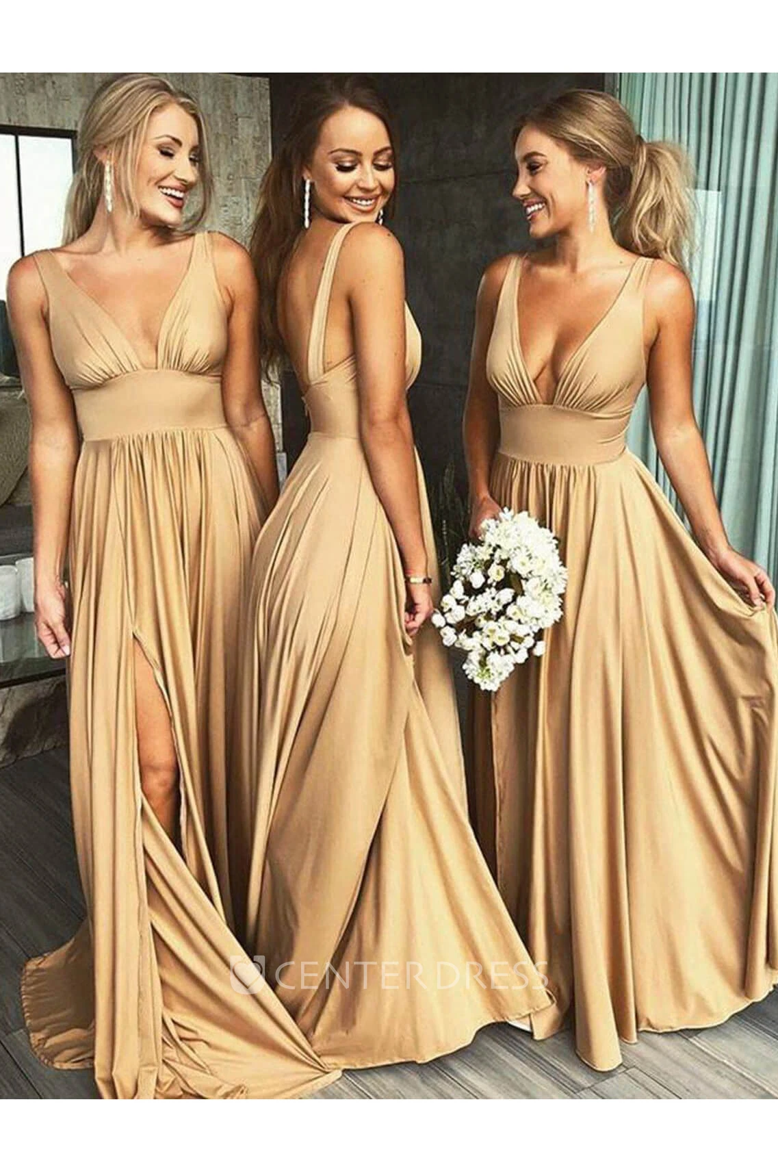 Empire Plunging V-neck Sleeveless Bridesmaid Dress With Front Split And Pleats