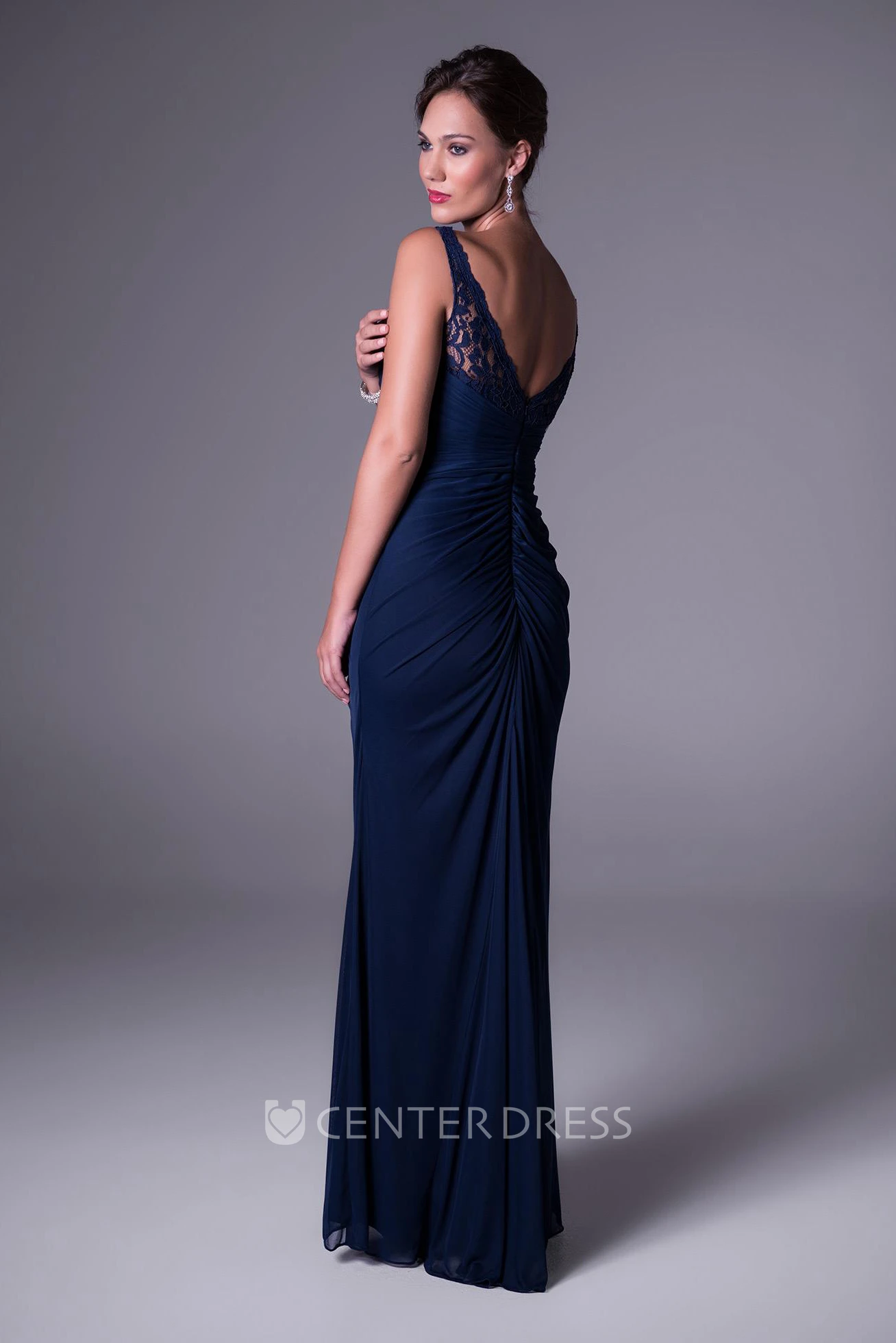 Sheath Floor-Length Lace Sleeveless Bateau-Neck Chiffon Bridesmaid Dress With Draping