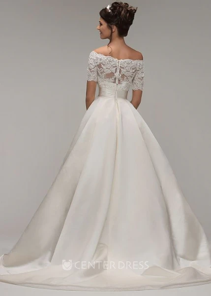 A-Line Off-The-Shoulder Short-Sleeve Satin Wedding Dress With Illusion