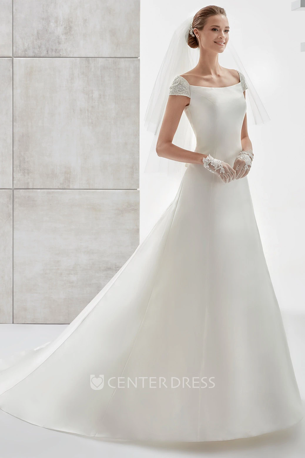 Simple Cap-Sleeve Satin A-Line Wedding Dress With Brush Train And Lace Straps