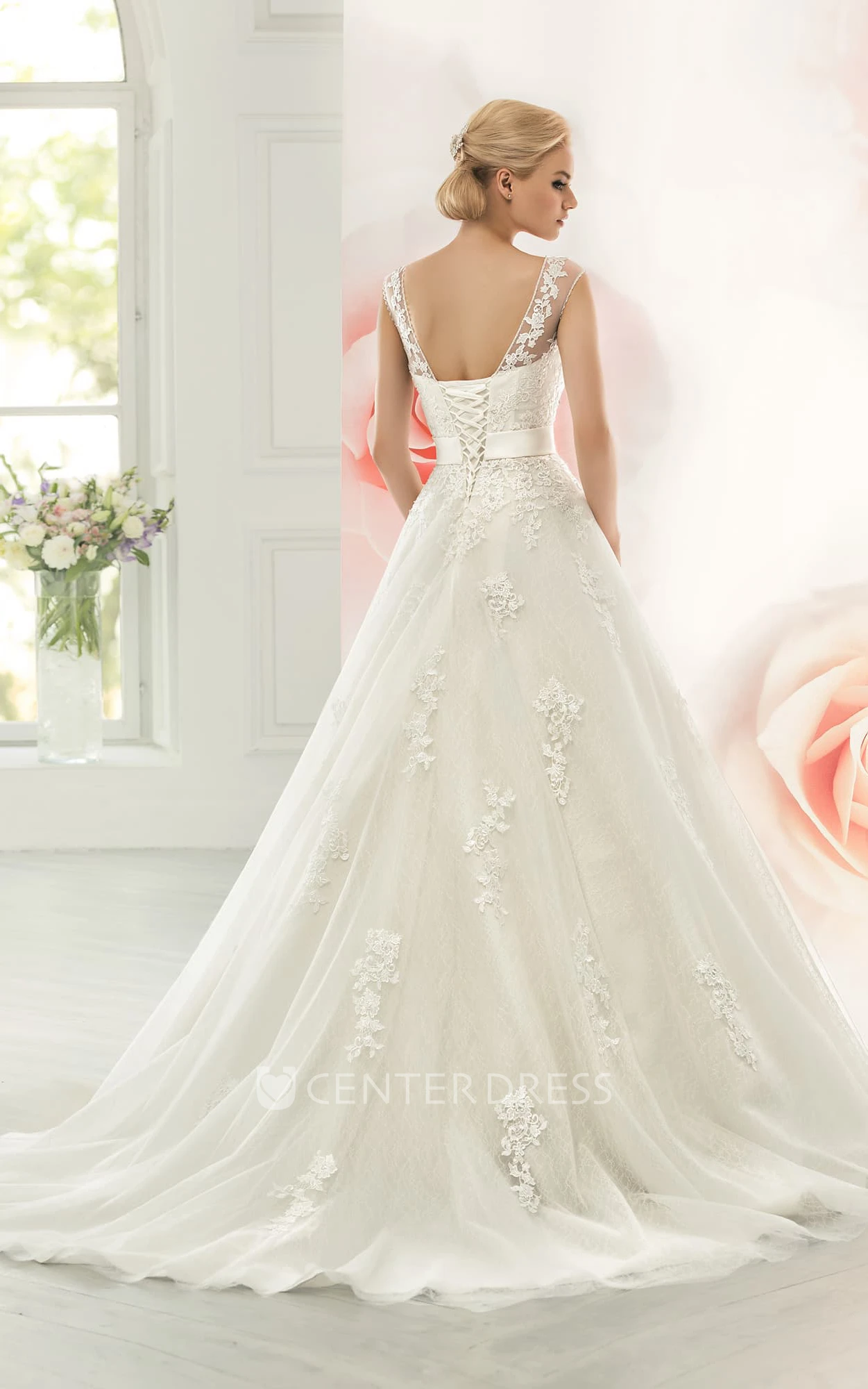 A-Line Floor-Length Bateau Cap-Sleeve Corset-Back Lace Dress With Appliques And Waist Jewellery