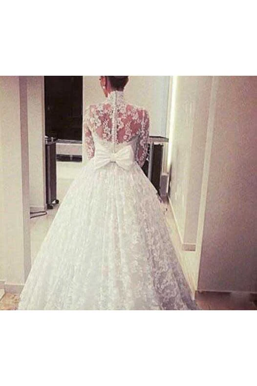 Ball Gown High Neck Lace Tulle Button Zipper Wedding Dress
