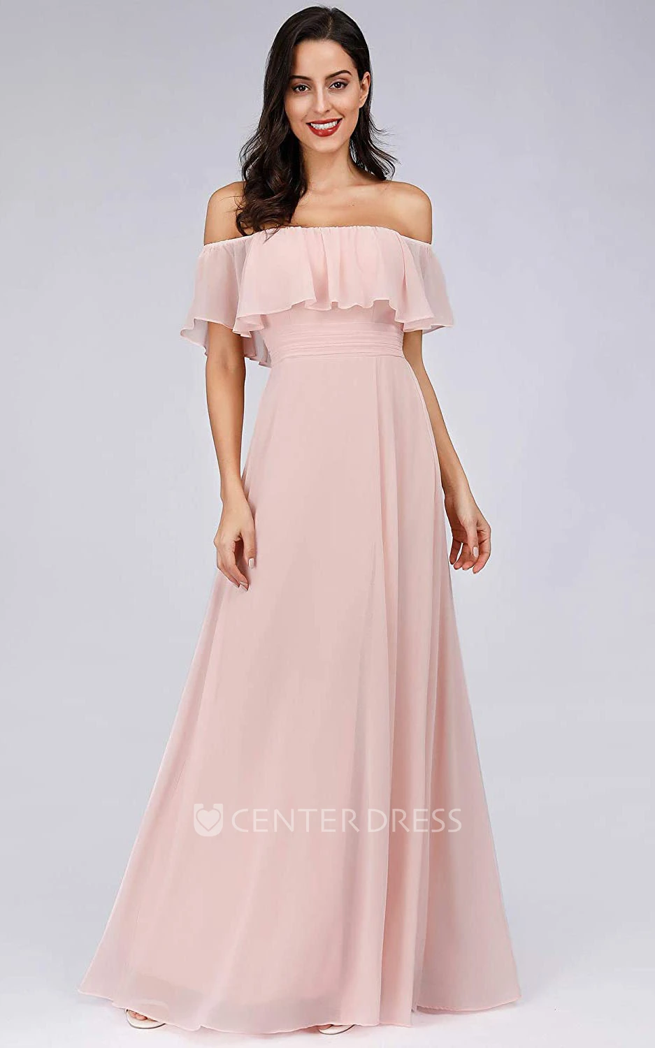 Simple A Line Chiffon Off-the-shoulder Evening Dress With Ruffles and Split Front