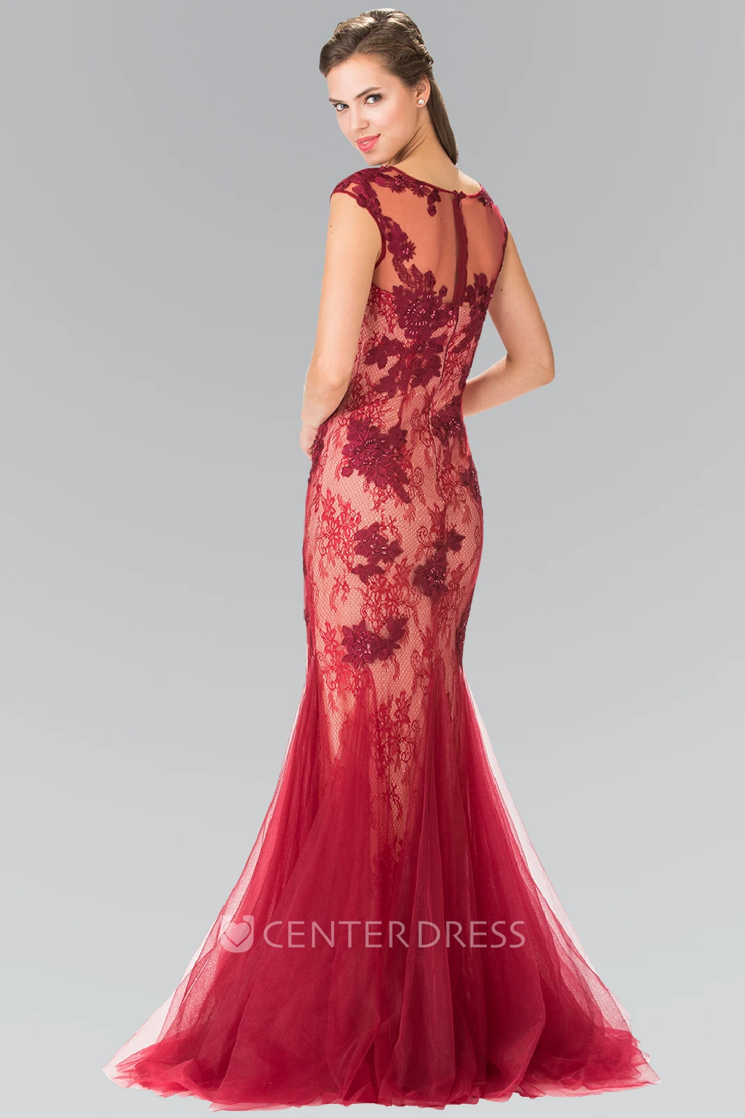 Trumpet Scoop-Neck Cap-Sleeve Lace Tulle Illusion Dress With Appliques