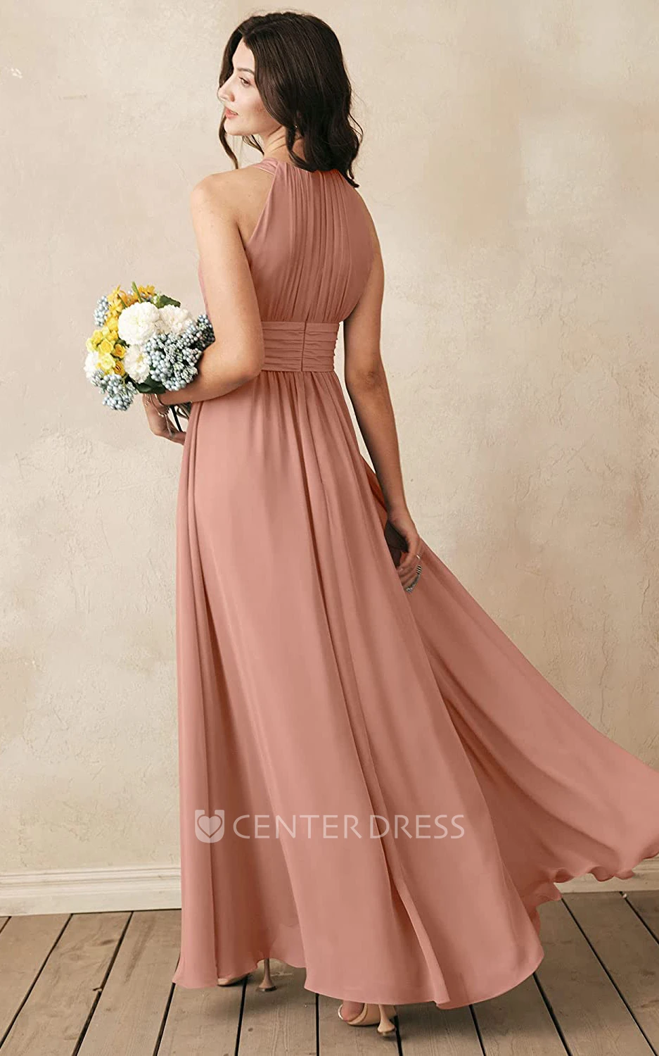 Elegant Chiffon Ankle-length Halter A Line Sleeveless Bridesmaid Dress With Ruching