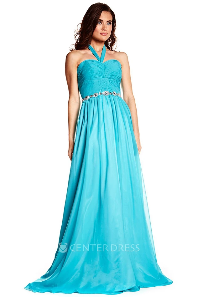Halter Sleeveless Criss-Cross Chiffon Prom Dress