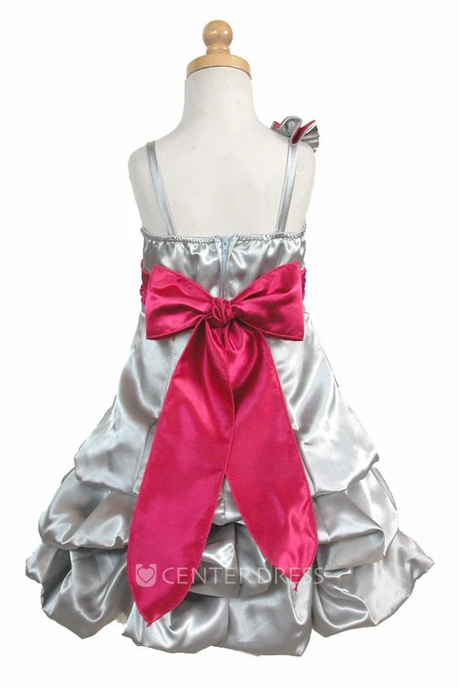 Cape Knee-Length Floral Ruched Satin Flower Girl Dress With Sash