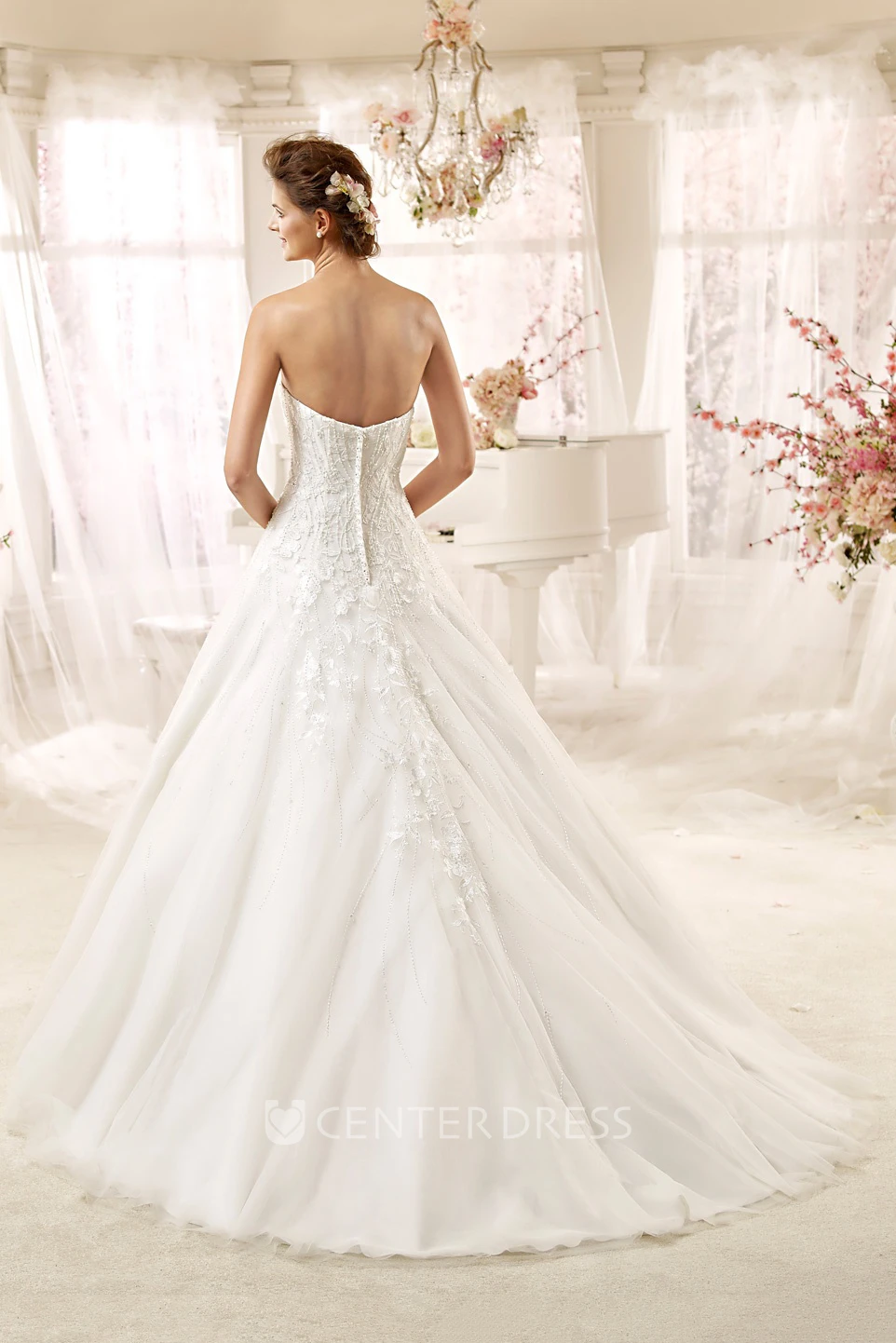 Strapless A-line Wedding Gown with Lace Appliques and Brush Train
