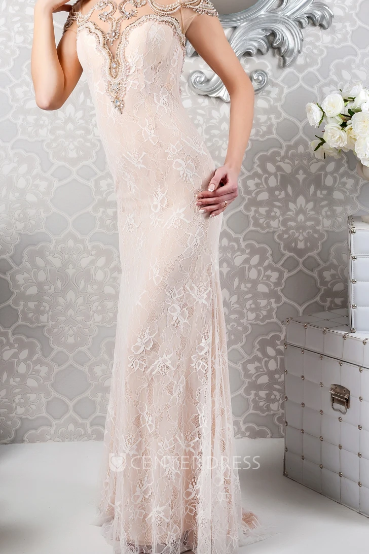 Sheath Scoop-Neck Beaded Long Sleeveless Lace Evening Dress