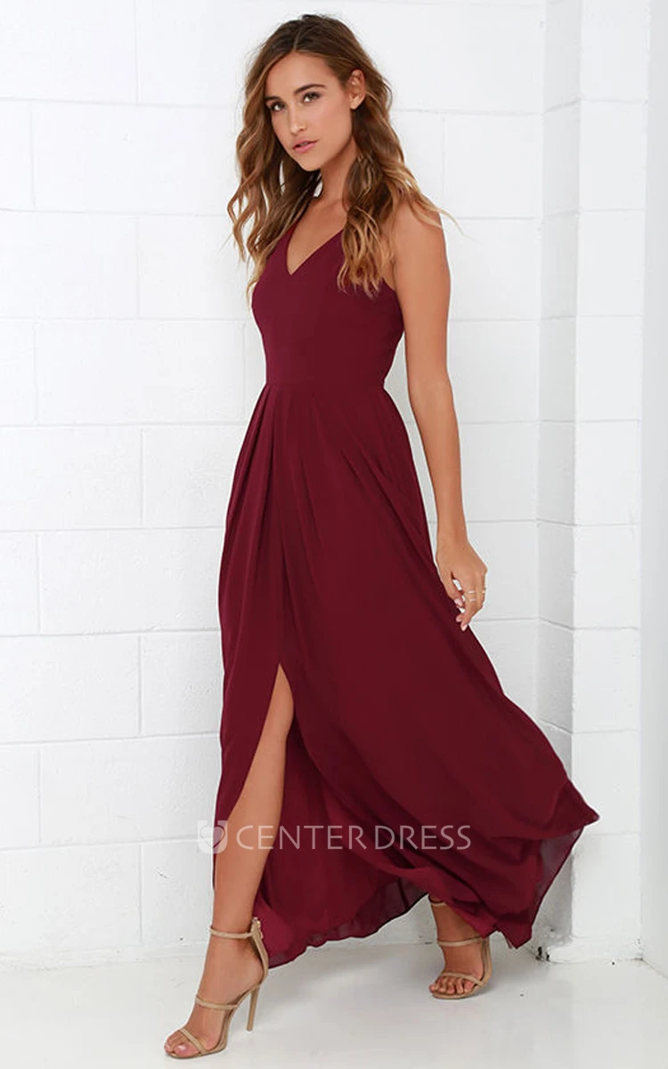 Simple Sleeveless V-Neck A-Line Chiffon Long Dress With Front Split
