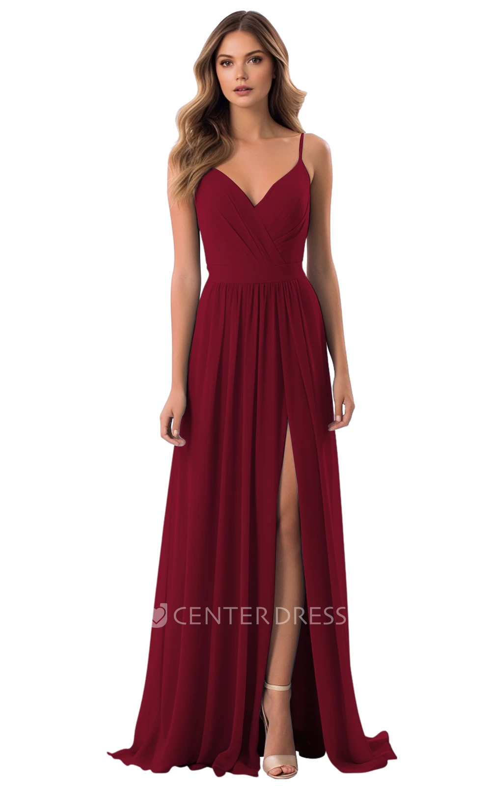 A-Line Chiffon Bridesmaid Dress with V-neck and Split Front Elegant and Simple