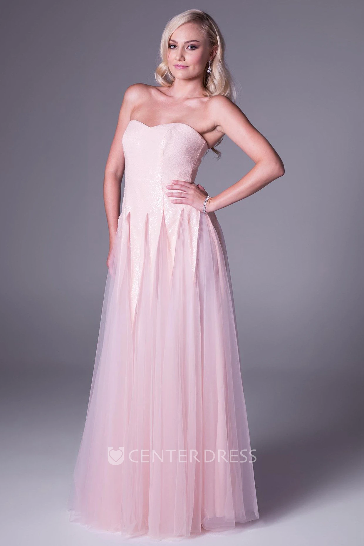 A-Line Sleeveless Strapless Floor-Length Tulle Prom Dress