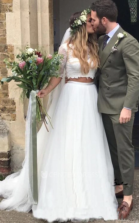 Two Piece Half Sleeve Lace Tulle Bohemian Low-V Back Spring Wedding Dress