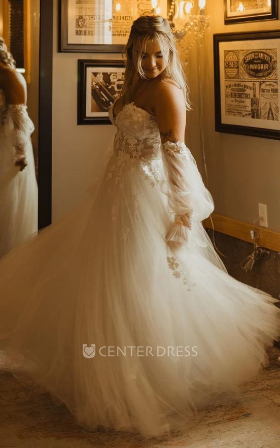Simple A-Line Off-the-shoulder Lace Tulle Winter Wedding Dress With Open Back And Appliques